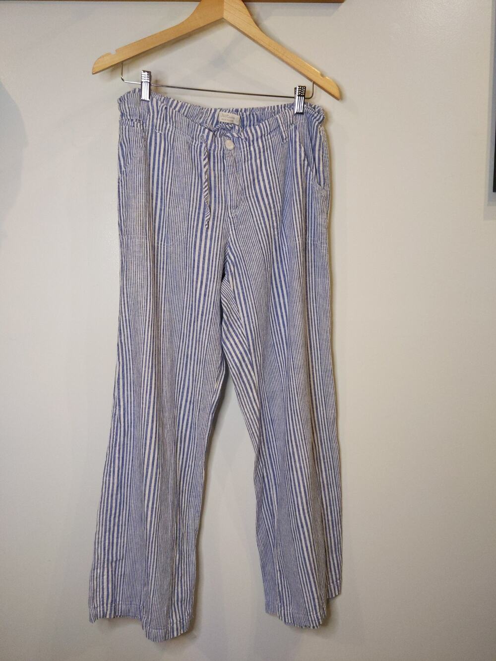 Just Living Linen Blend Pants Women's M Blue White Stripe Drawstring Coastal
